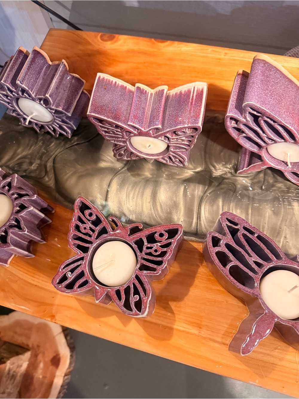 (Set of 2) Purple Butterfly and Flower Tealight Holders - Home Accents
